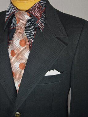 1970s Leisure Suit Blazer Jacket Vtg 70s Phoenix Black Textured PLAID 40 42 XL